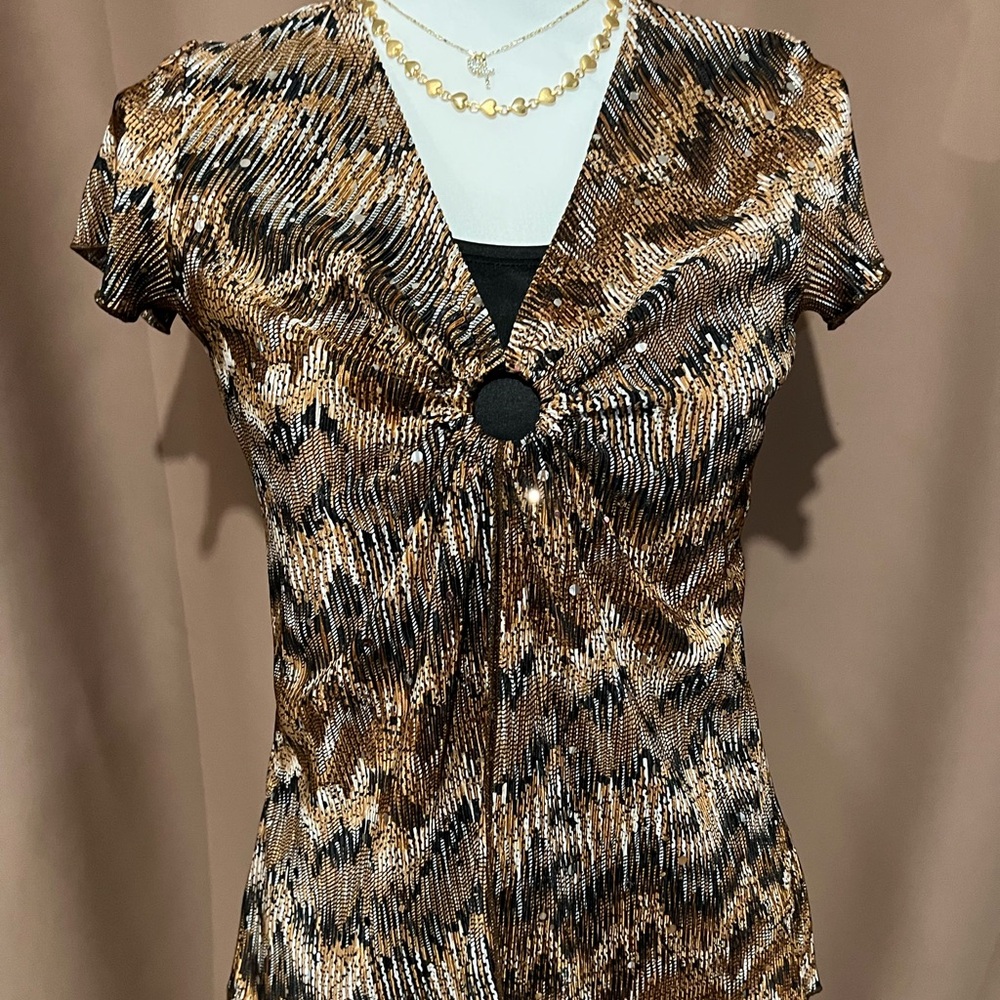Y2K Metallic Brown Printed V-Neck Women’s Brittney Black Top